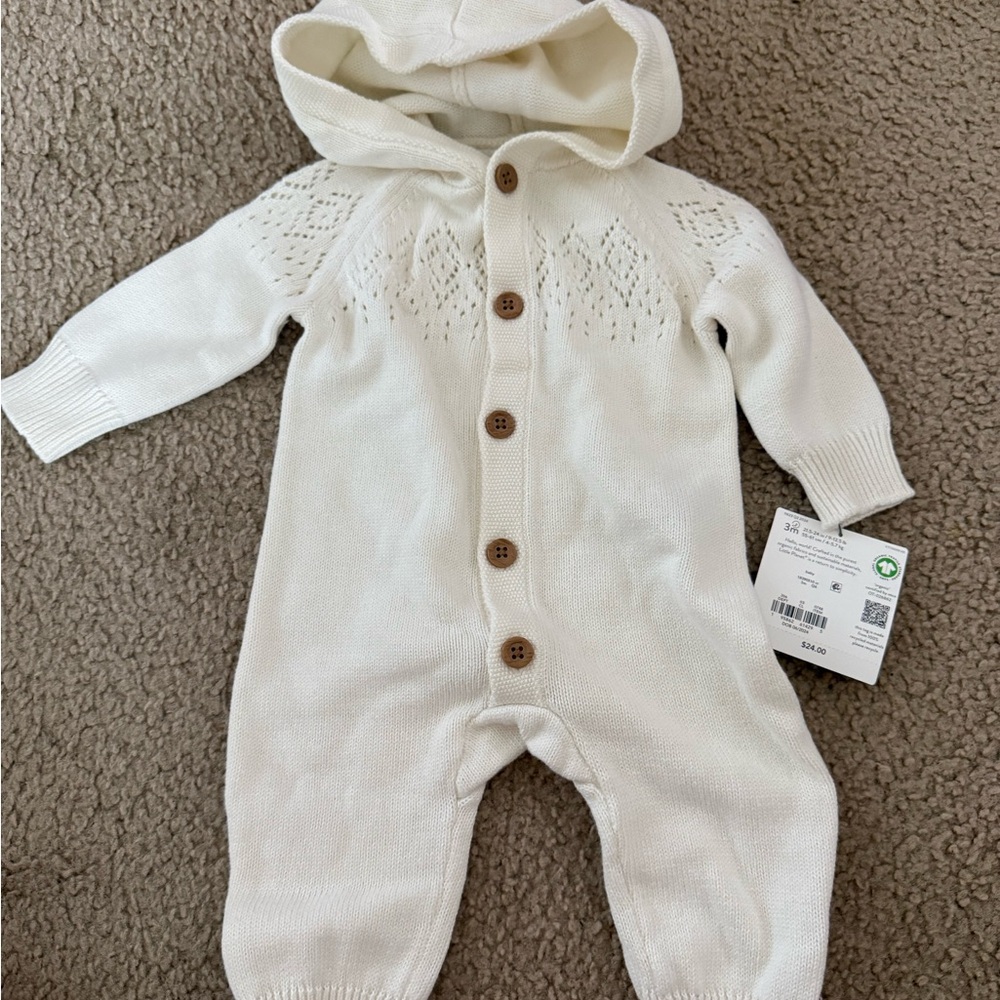Soft White Knit Hooded Baby Footie